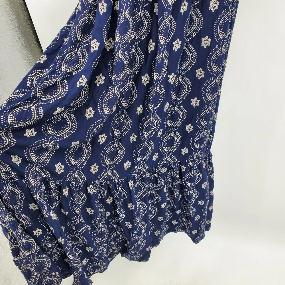 Abercrombie & Fitch Navy Blue Printed Tiered T-Back Maxi Dress Med Boho Cottage